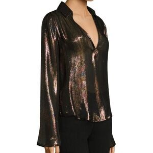 Rosie HW PAIGE Bessy Metallic Georgette Silk Deep-V Bell Sleeve Blouse NWOT